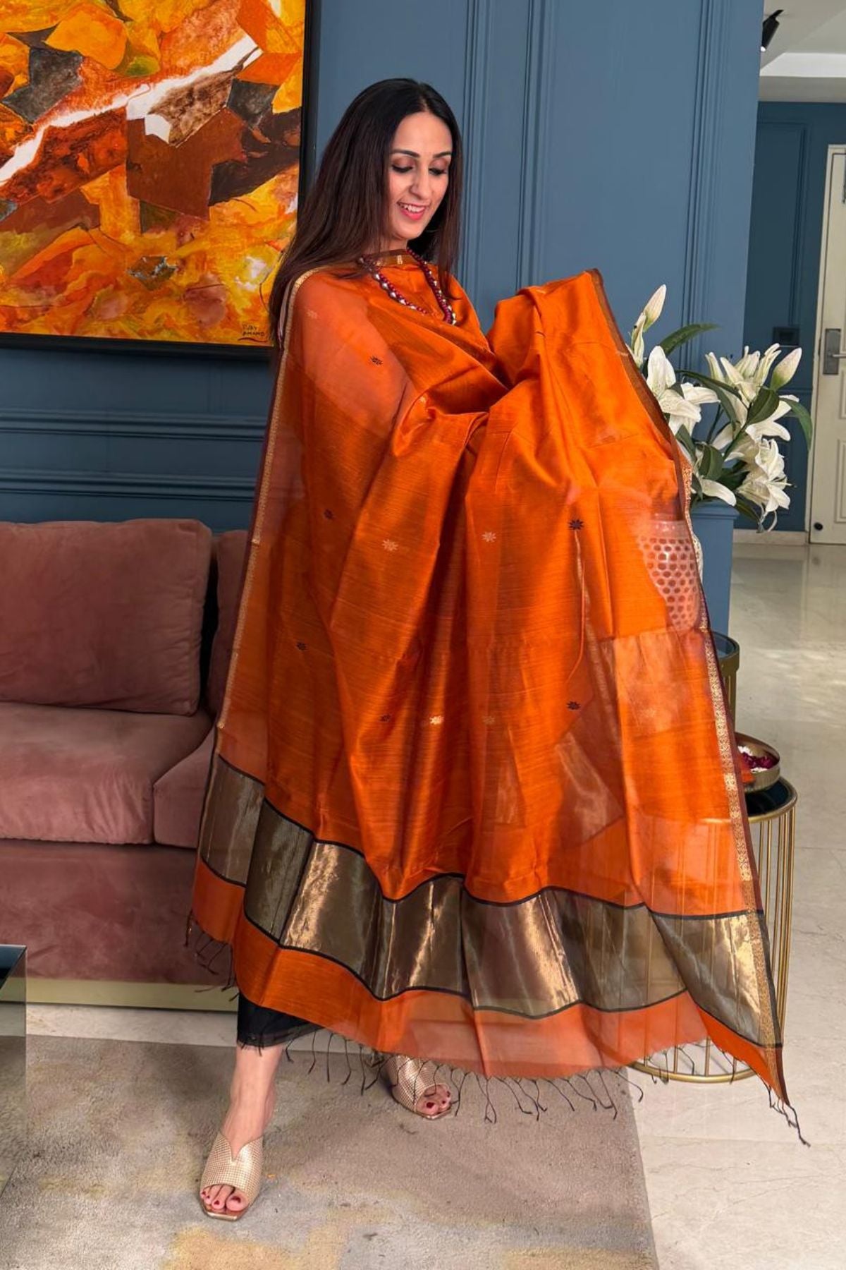 Maheshwari handloom silk by cotton kurta dupatta set